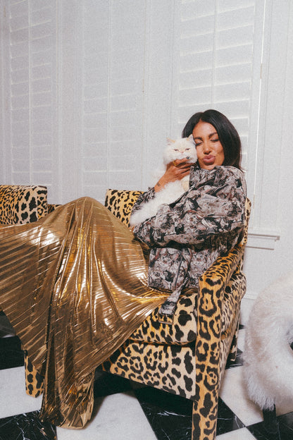 LALA ORIGINAL: Metallic Pleated Midi Skirt in 24 Karat Gold *SHIPPING STARTS 11/2/23* - Dressed in Lala