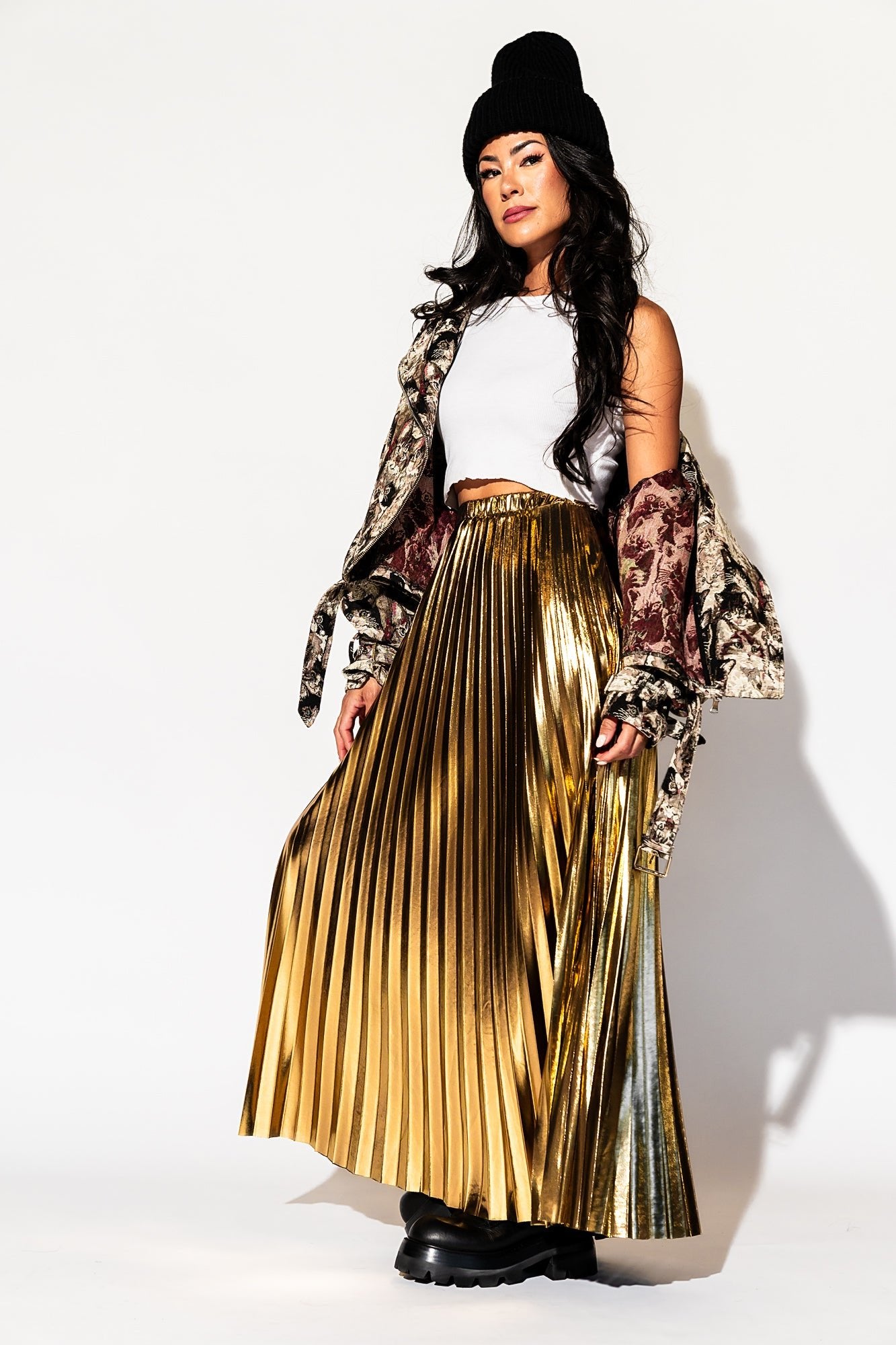 LALA ORIGINAL: Metallic Pleated Midi Skirt in 24 Karat Gold *SHIPPING STARTS 11/2/23* - Dressed in Lala