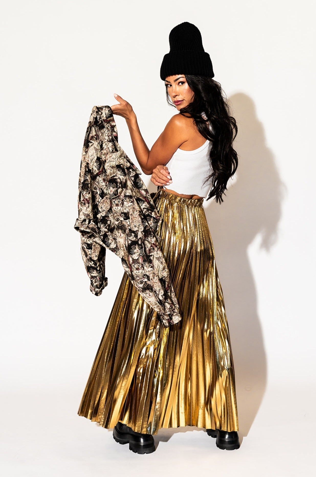 LALA ORIGINAL: Metallic Pleated Midi Skirt in 24 Karat Gold *SHIPPING STARTS 11/2/23* - Dressed in Lala