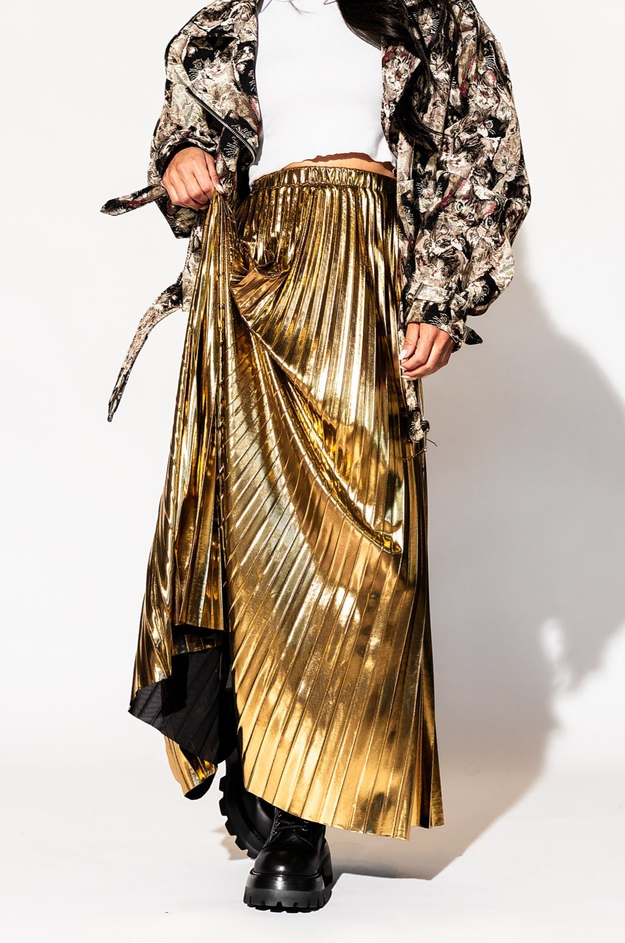 LALA ORIGINAL: Metallic Pleated Midi Skirt in 24 Karat Gold *SHIPPING STARTS 11/2/23* - Dressed in Lala