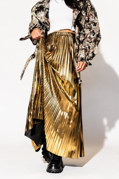 LALA ORIGINAL: Metallic Pleated Midi Skirt in 24 Karat Gold *SHIPPING STARTS 11/2/23* - Dressed in Lala