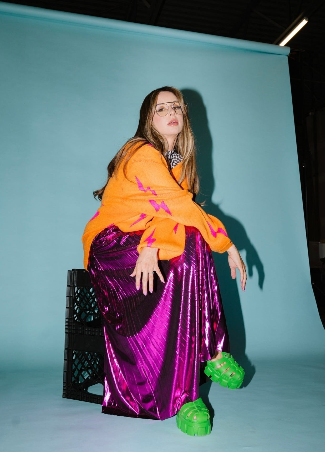 LALA ORIGINAL: Metallic Pleated Midi Skirt in Cosmic Pink - Dressed in Lala
