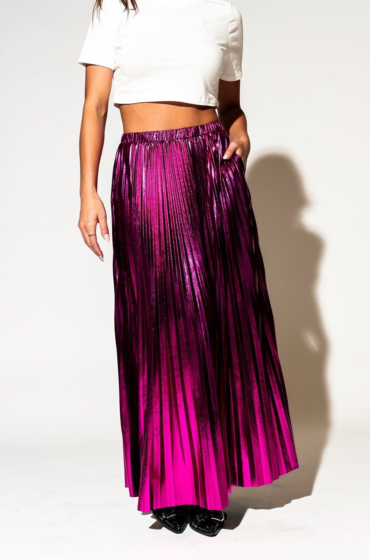 LALA ORIGINAL: Metallic Pleated Midi Skirt in Cosmic Pink - Dressed in Lala