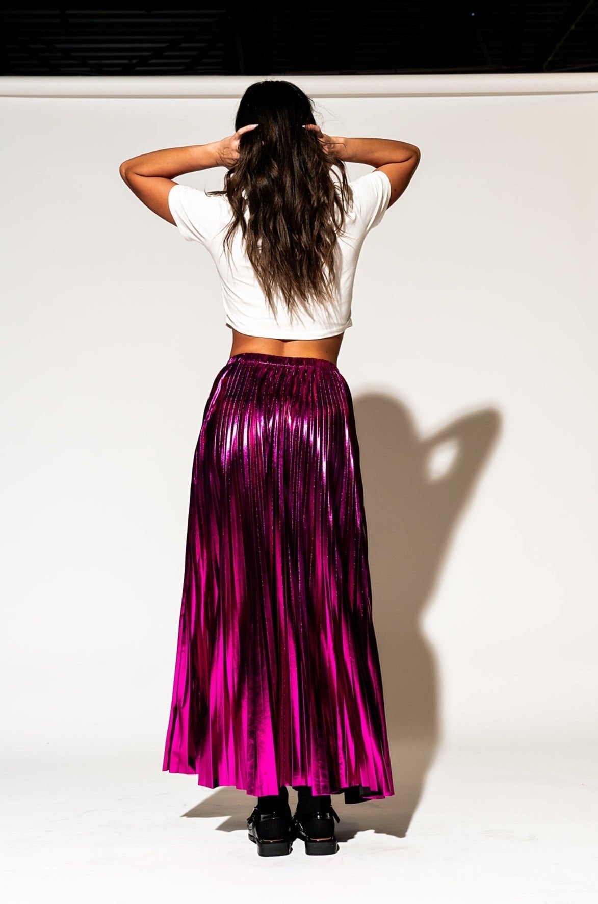 LALA ORIGINAL: Metallic Pleated Midi Skirt in Cosmic Pink - Dressed in Lala