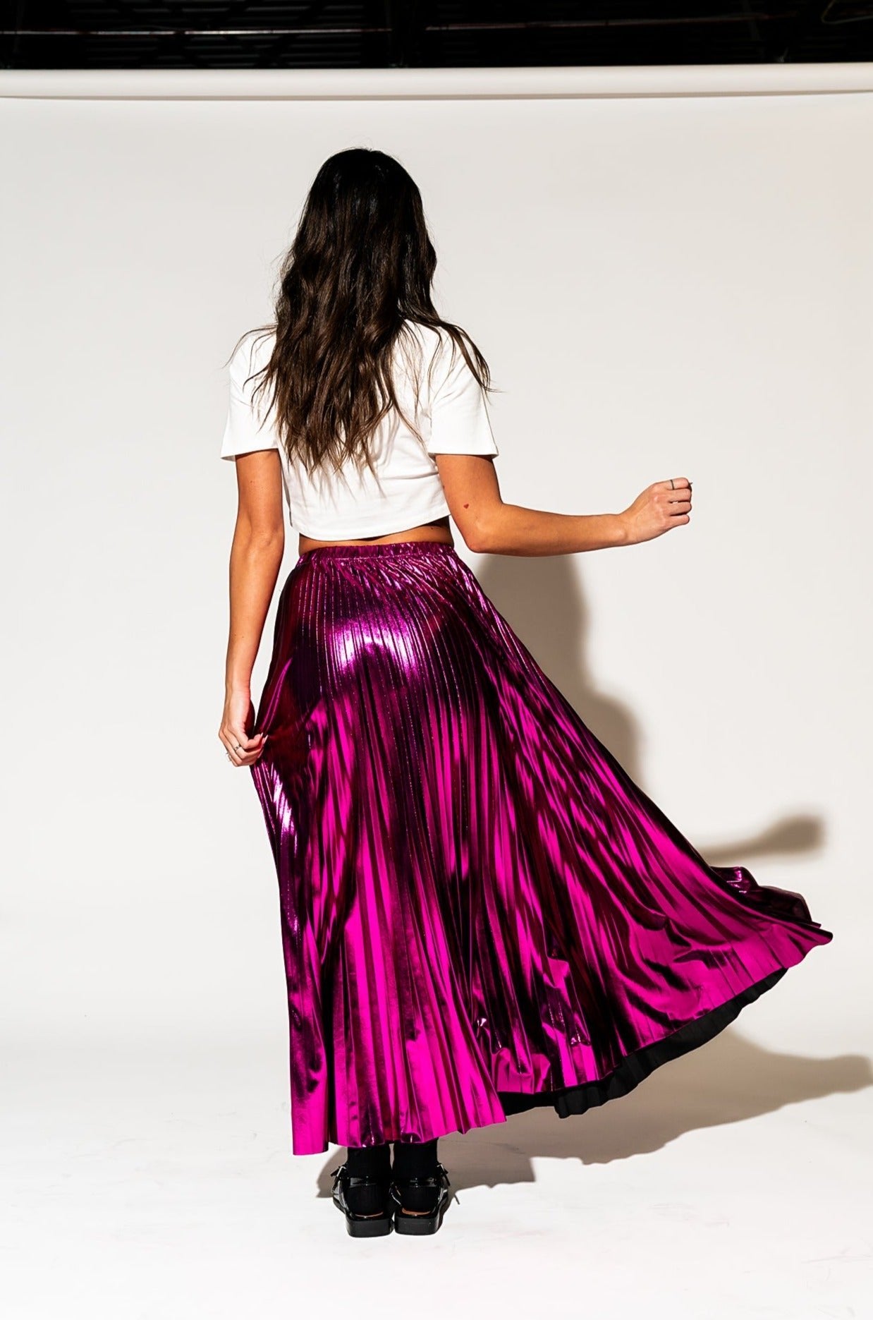 LALA ORIGINAL: Metallic Pleated Midi Skirt in Cosmic Pink - Dressed in Lala