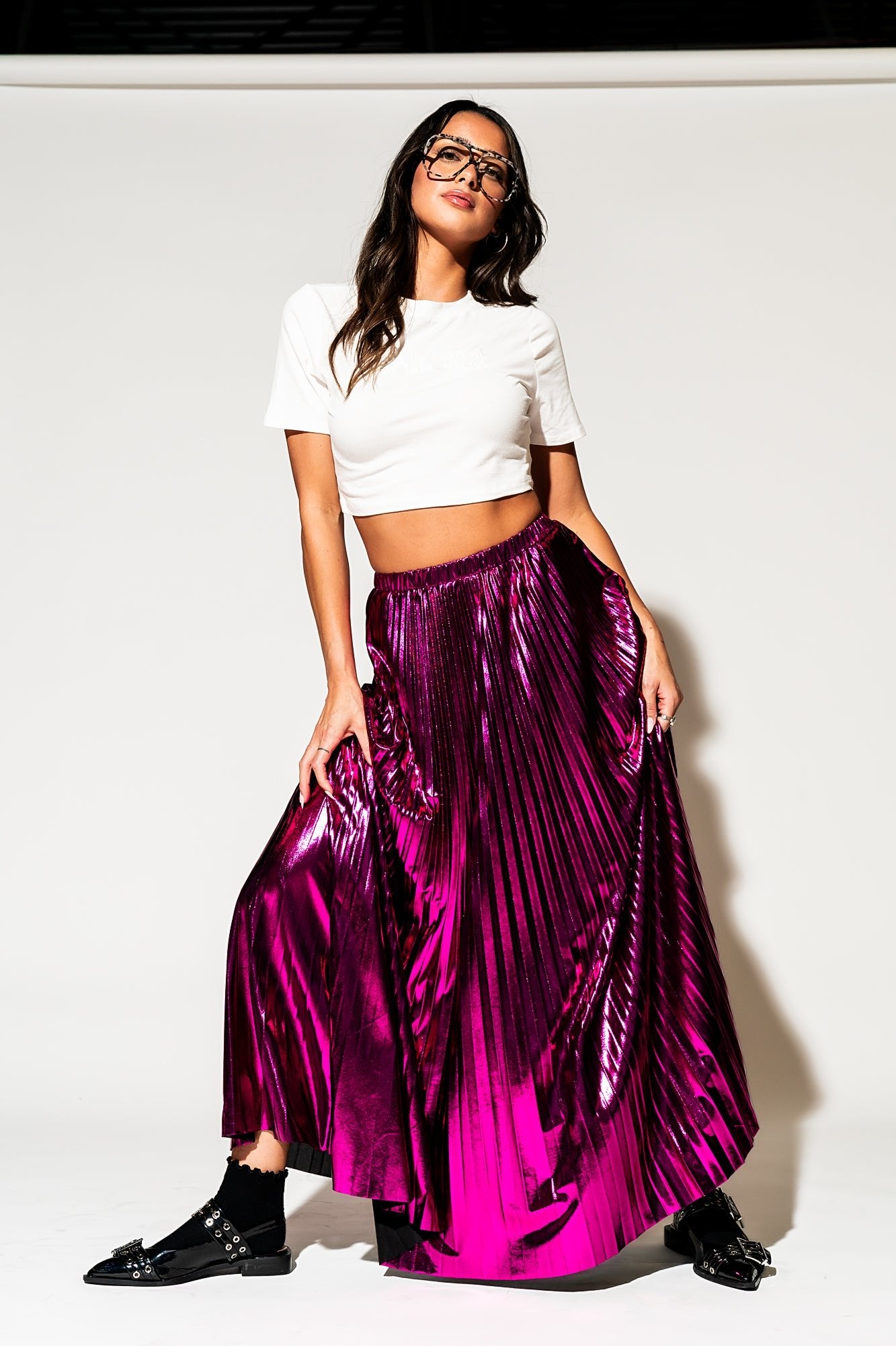 LALA ORIGINAL: Metallic Pleated Midi Skirt in Cosmic Pink - Dressed in Lala
