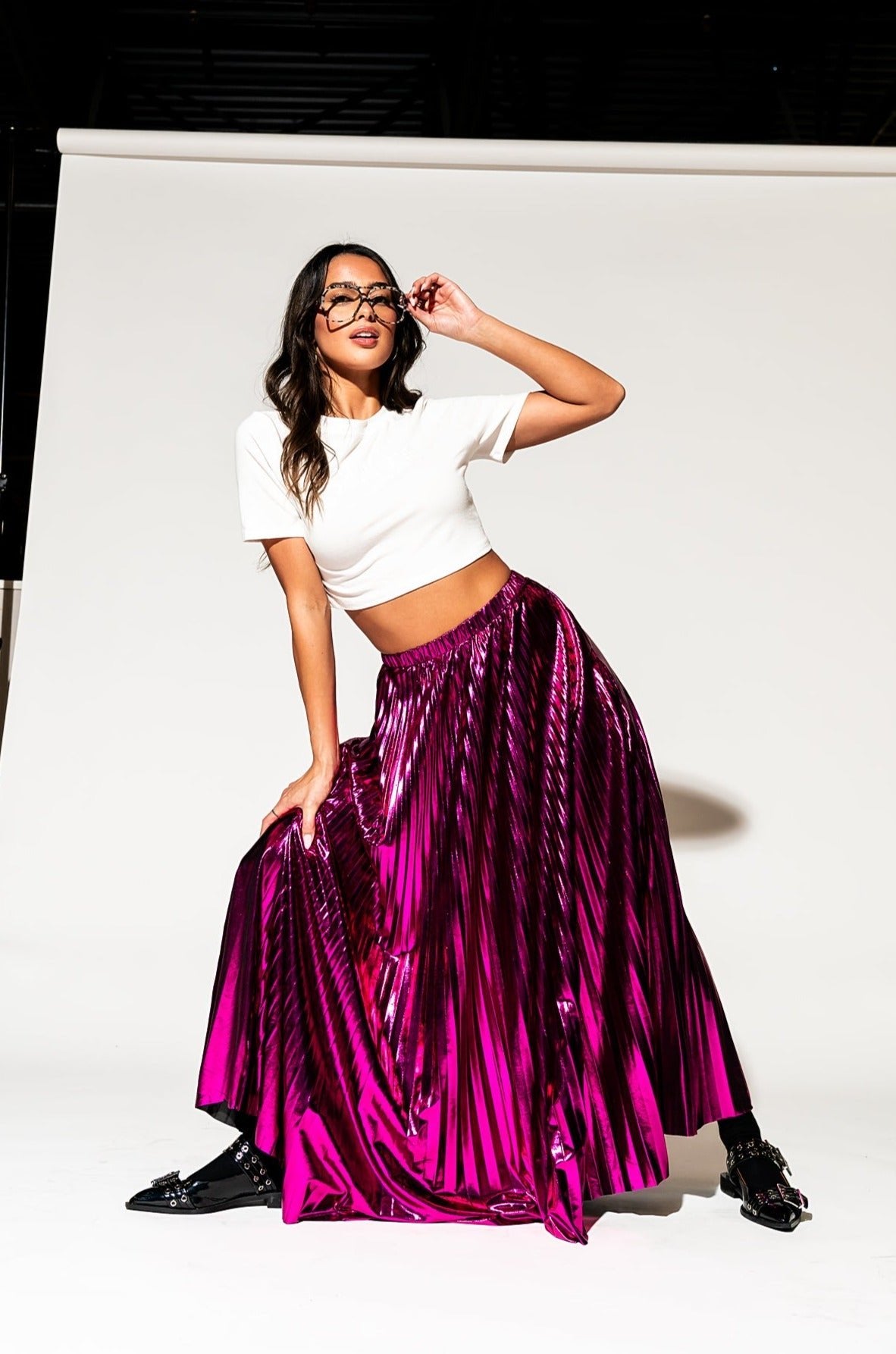 LALA ORIGINAL: Metallic Pleated Midi Skirt in Cosmic Pink - Dressed in Lala