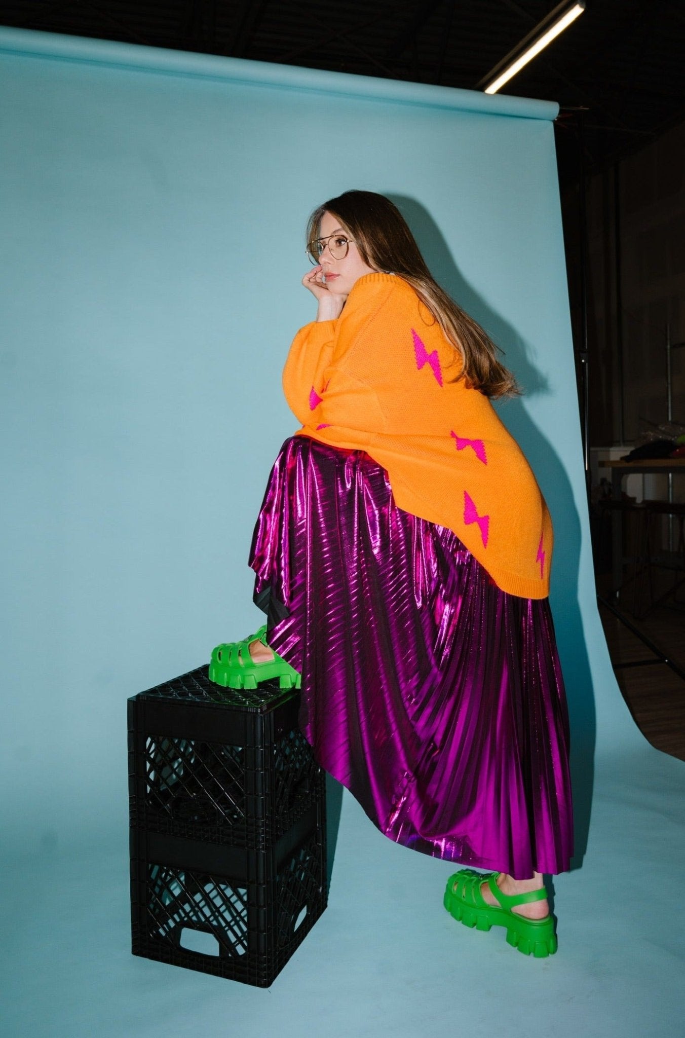 LALA ORIGINAL: Metallic Pleated Midi Skirt in Cosmic Pink - Dressed in Lala