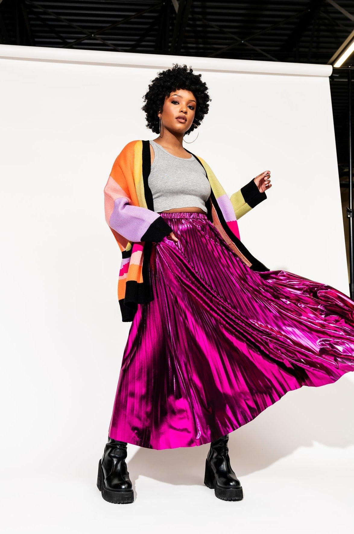 LALA ORIGINAL: Metallic Pleated Midi Skirt in Cosmic Pink - Dressed in Lala