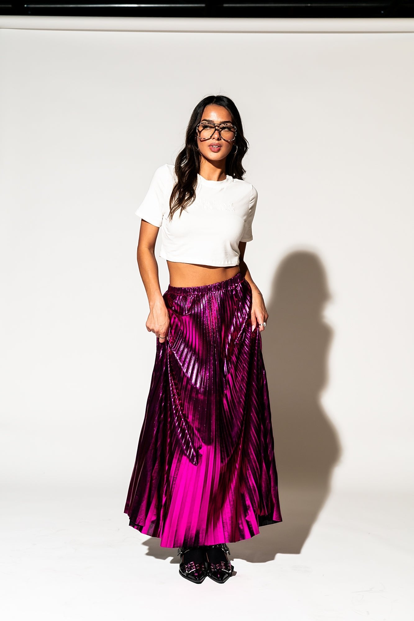 LALA ORIGINAL: Metallic Pleated Midi Skirt in Cosmic Pink - Dressed in Lala