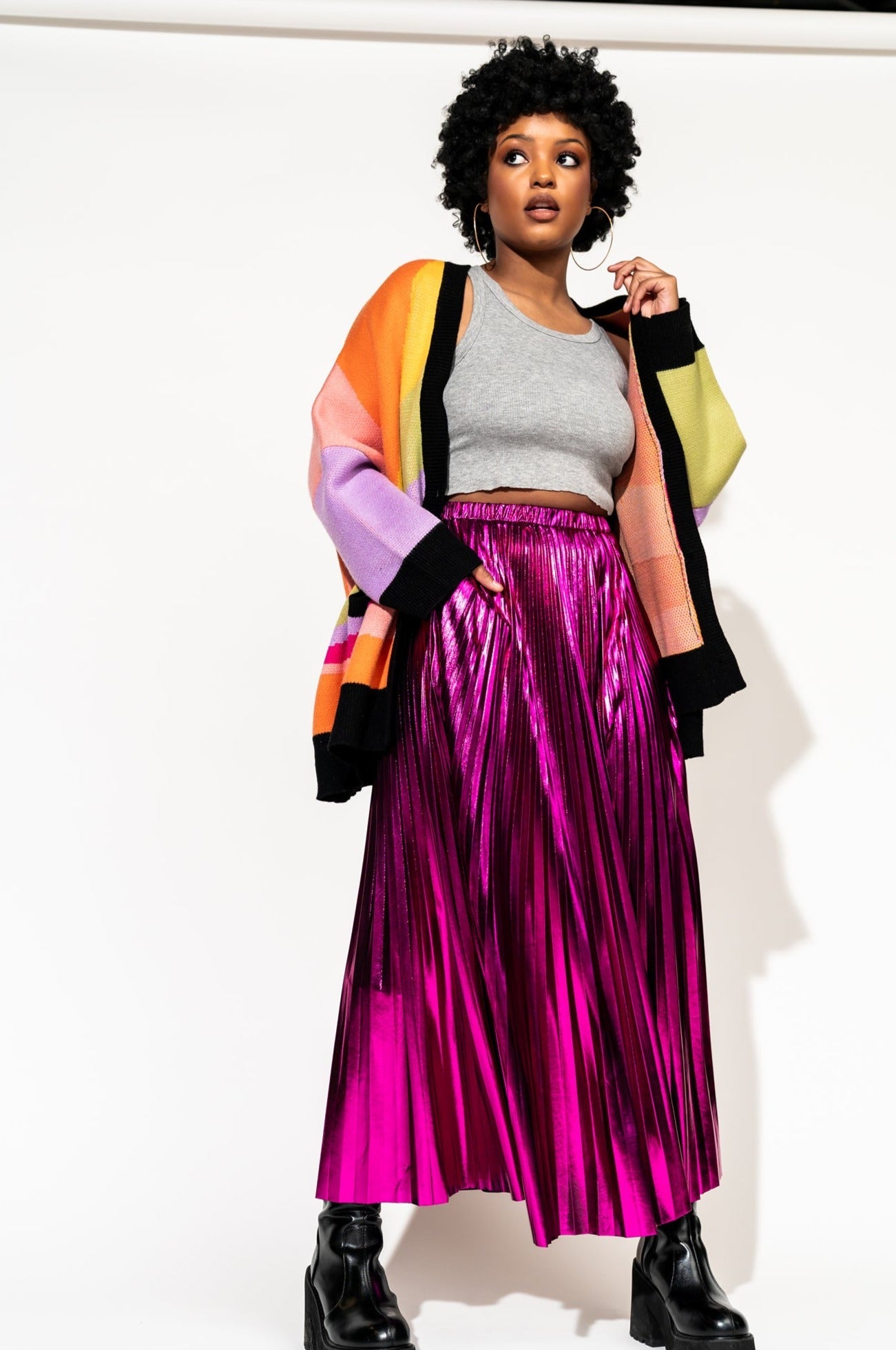 LALA ORIGINAL: Metallic Pleated Midi Skirt in Cosmic Pink - Dressed in Lala