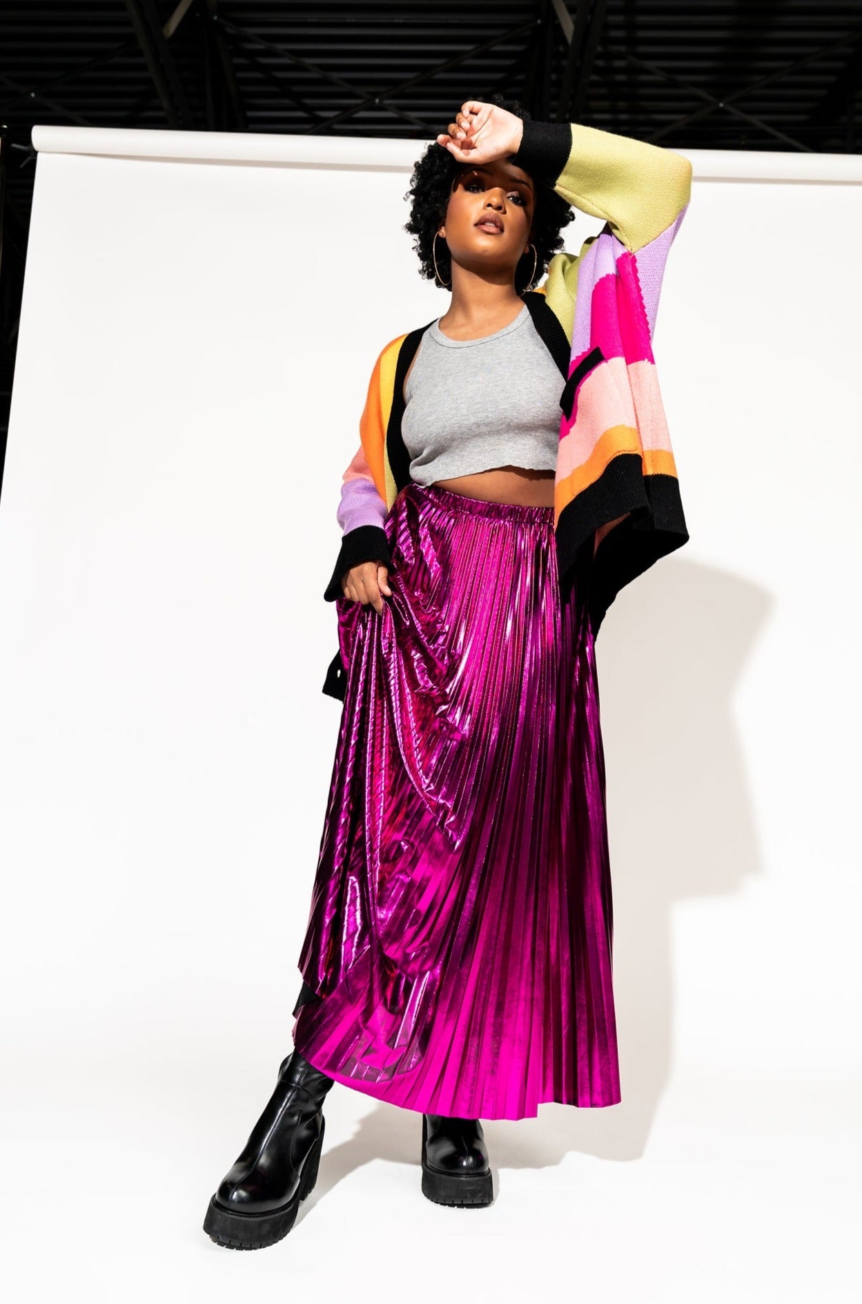 LALA ORIGINAL: Metallic Pleated Midi Skirt in Cosmic Pink