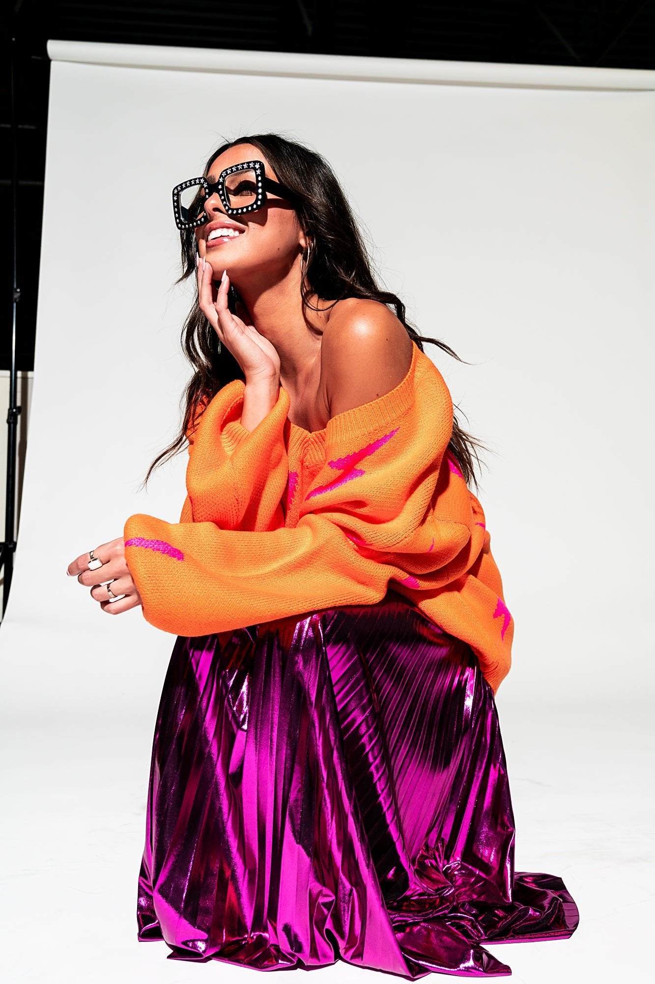 LALA ORIGINAL: Metallic Pleated Midi Skirt in Cosmic Pink - Dressed in Lala