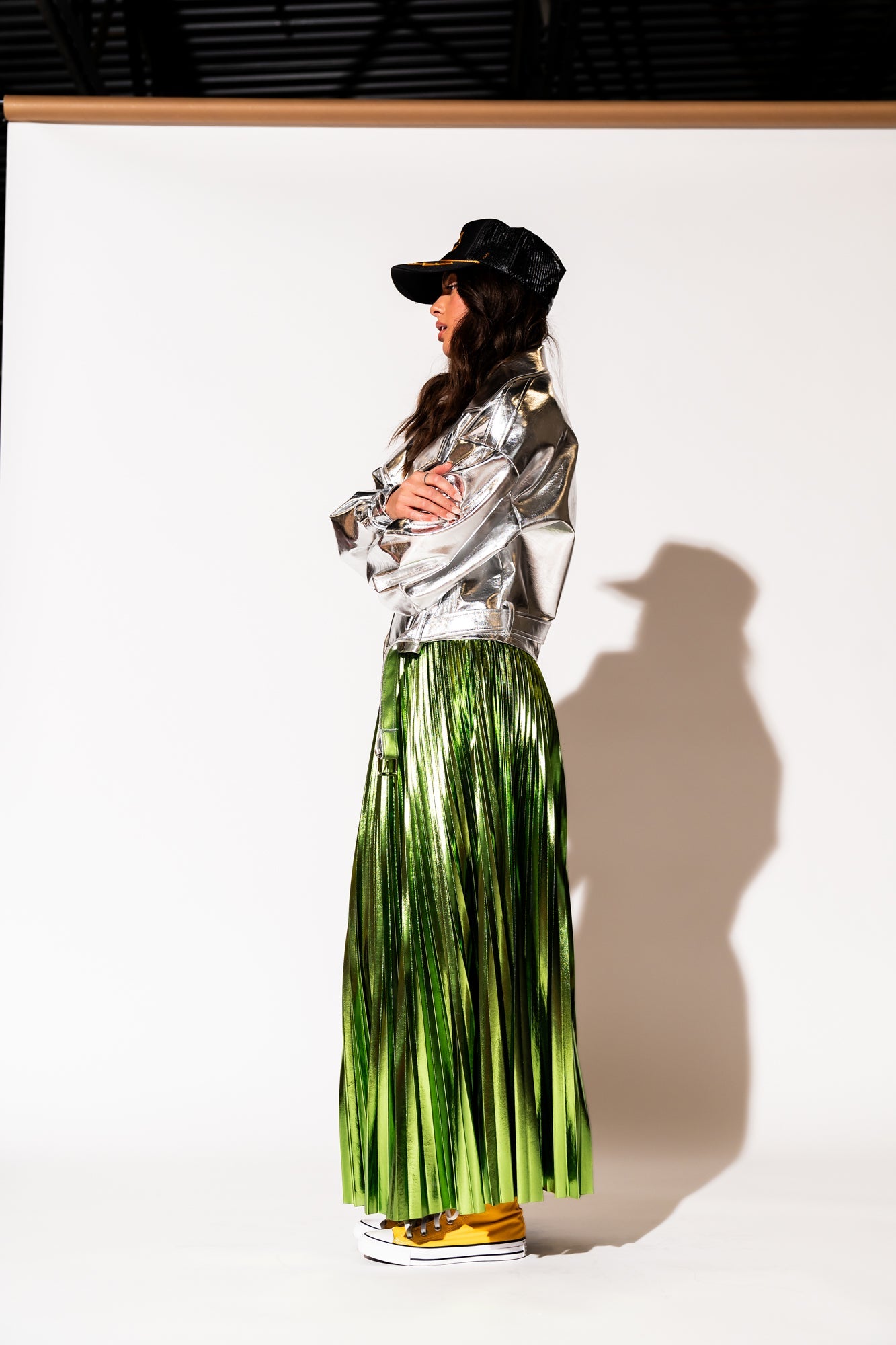 LALA ORIGINAL: Metallic Pleated Midi Skirt in Electric Lime - Dressed in Lala