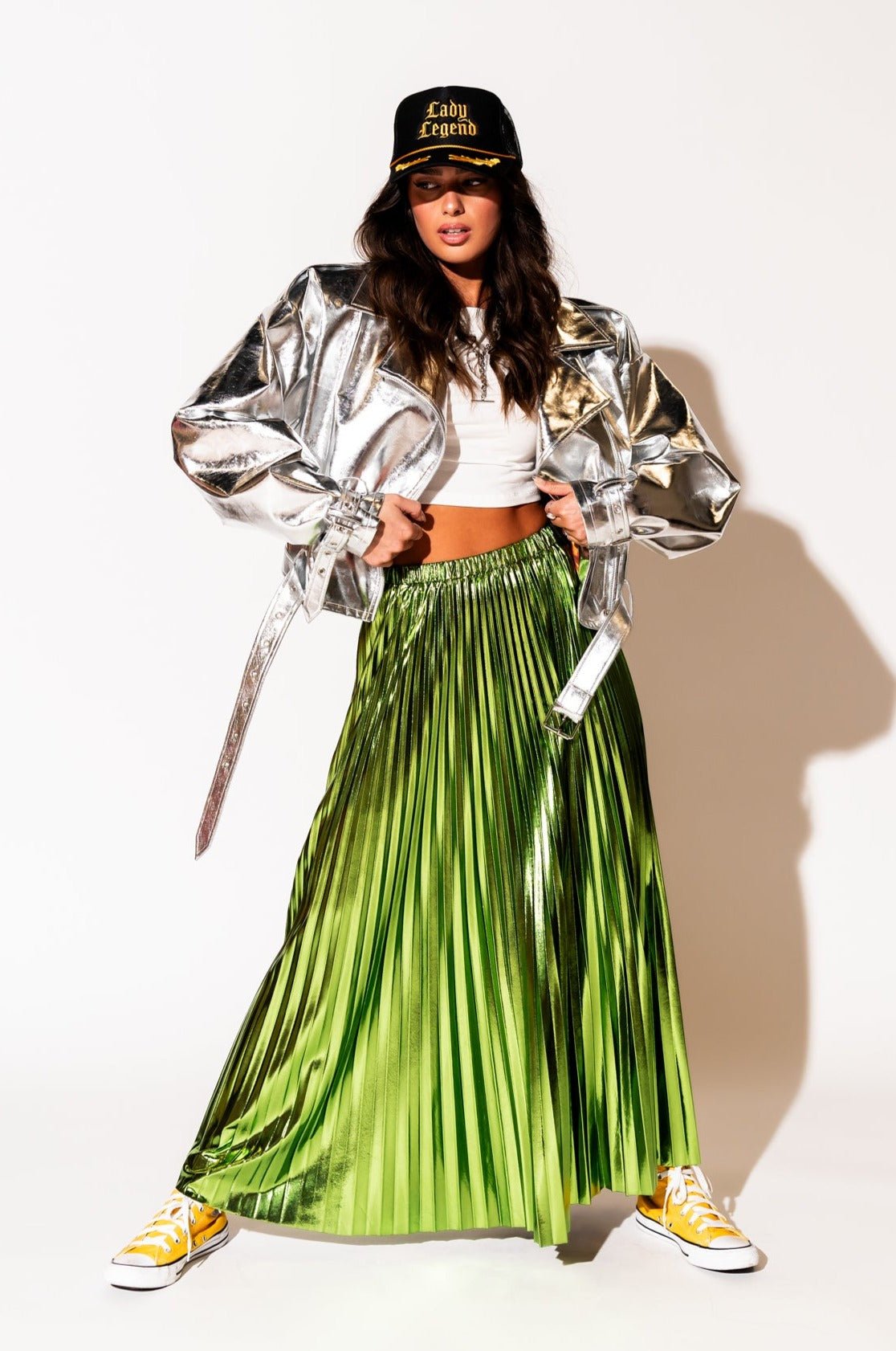 LALA ORIGINAL: Metallic Pleated Midi Skirt in Electric Lime - Dressed in Lala