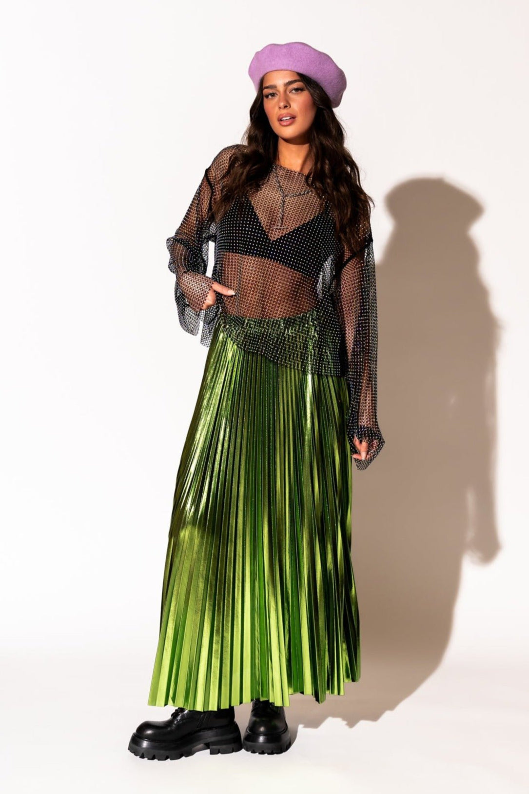 LALA ORIGINAL: Metallic Pleated Midi Skirt in Electric Lime - Dressed in Lala