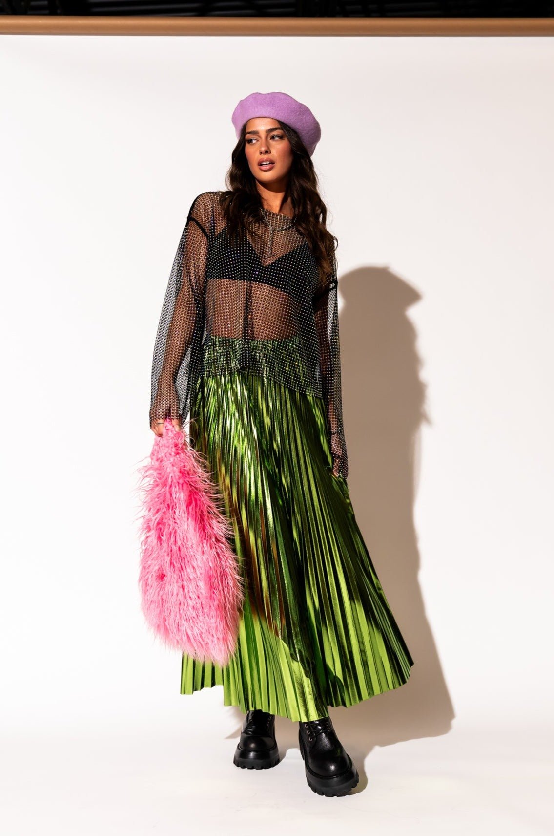 LALA ORIGINAL: Metallic Pleated Midi Skirt in Electric Lime - Dressed in Lala
