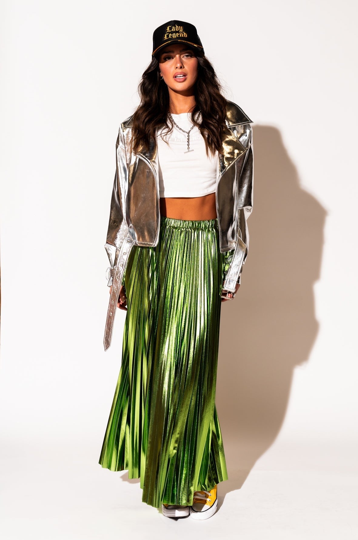 LALA ORIGINAL: Metallic Pleated Midi Skirt in Electric Lime - Dressed in Lala