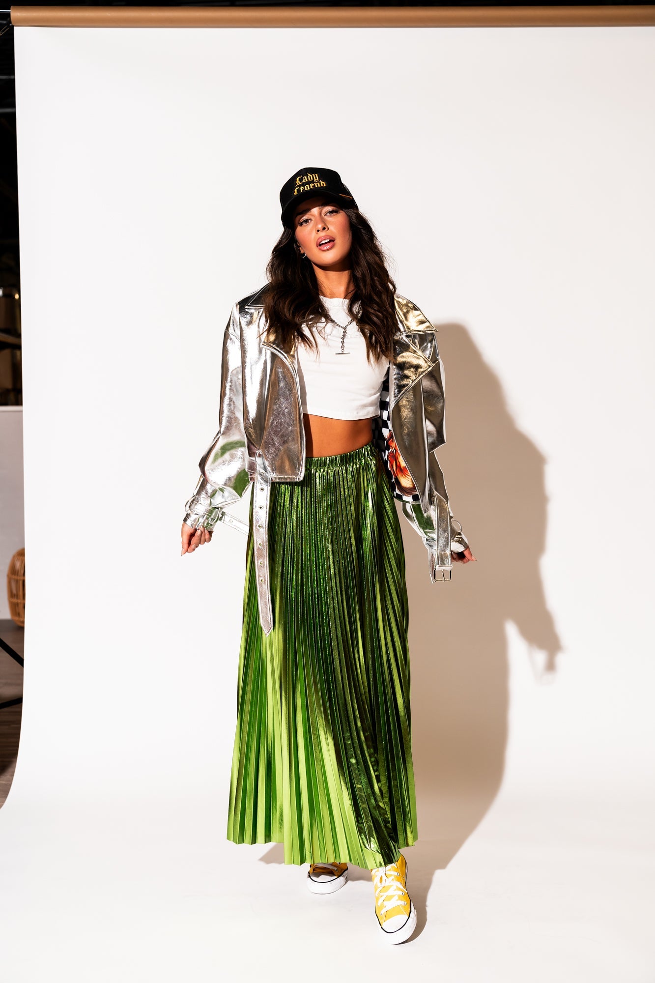 LALA ORIGINAL: Metallic Pleated Midi Skirt in Electric Lime - Dressed in Lala