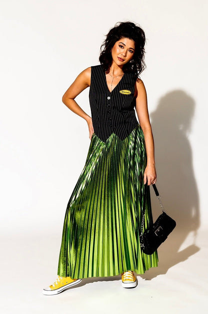 LALA ORIGINAL: Metallic Pleated Midi Skirt in Electric Lime - Dressed in Lala