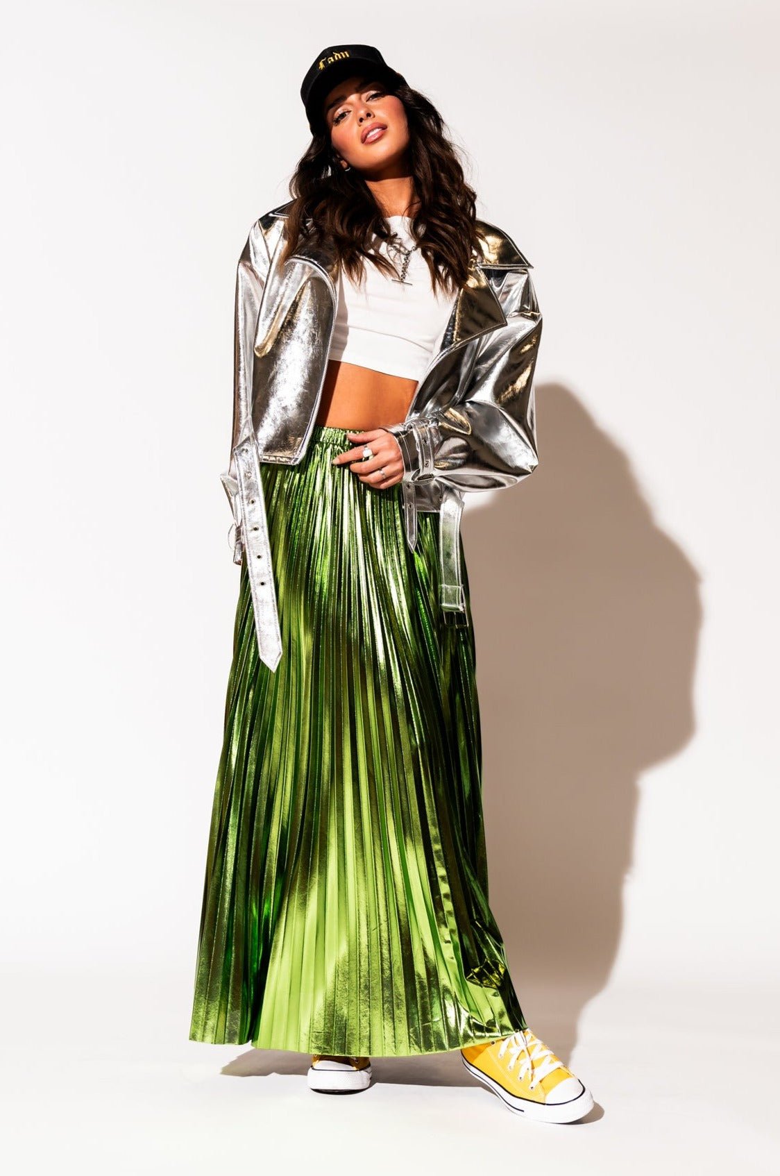 LALA ORIGINAL: Metallic Pleated Midi Skirt in Electric Lime - Dressed in Lala