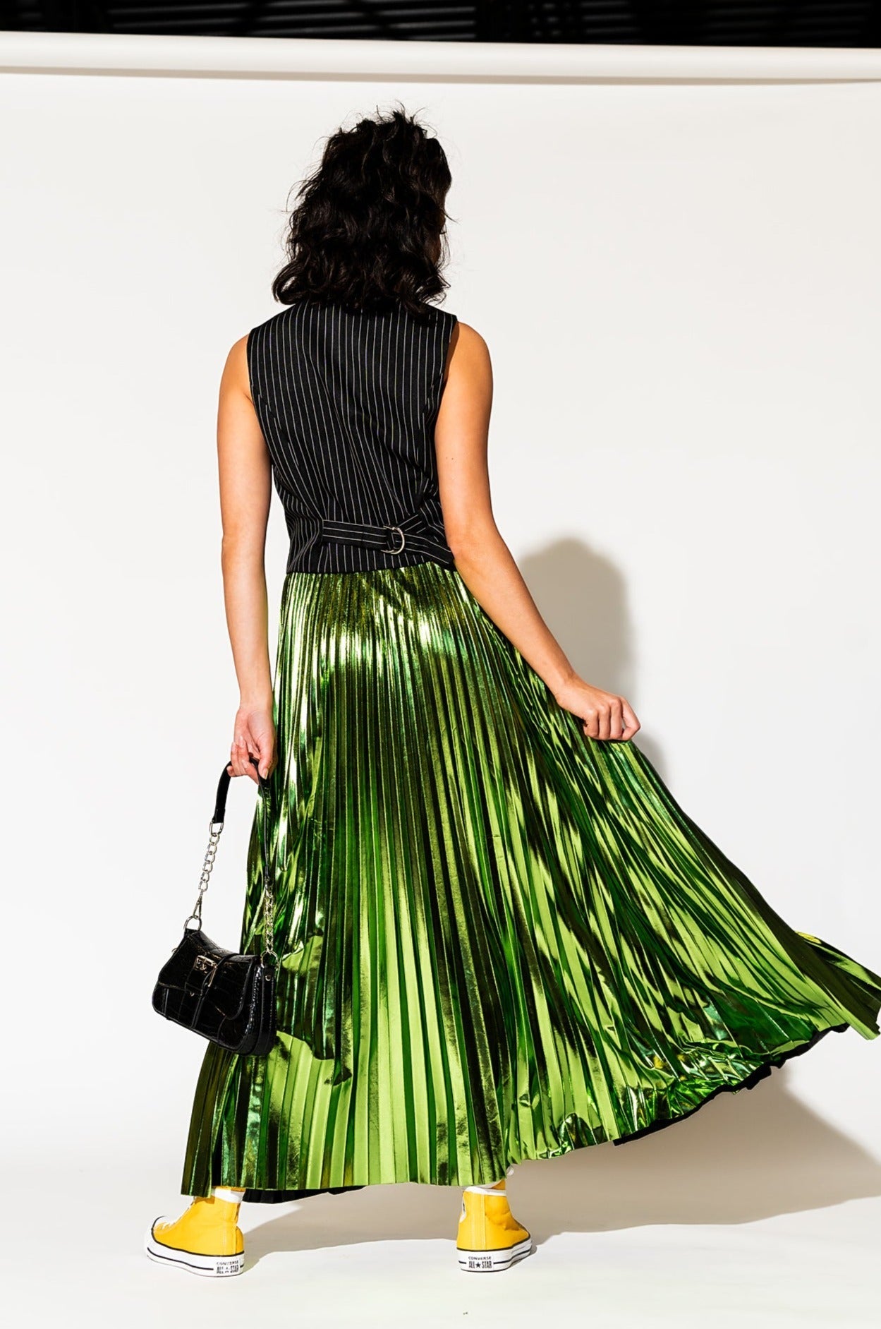LALA ORIGINAL: Metallic Pleated Midi Skirt in Electric Lime - Dressed in Lala