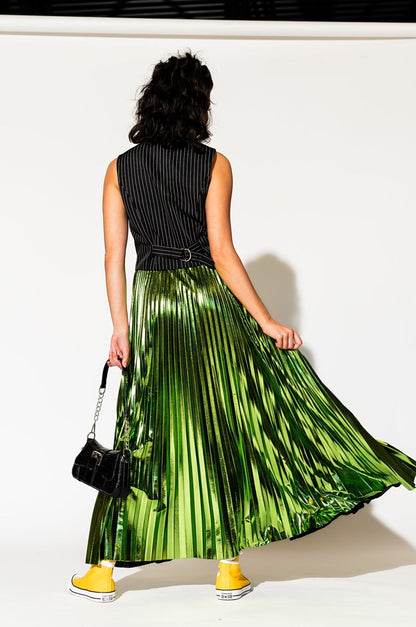 LALA ORIGINAL: Metallic Pleated Midi Skirt in Electric Lime - Dressed in Lala