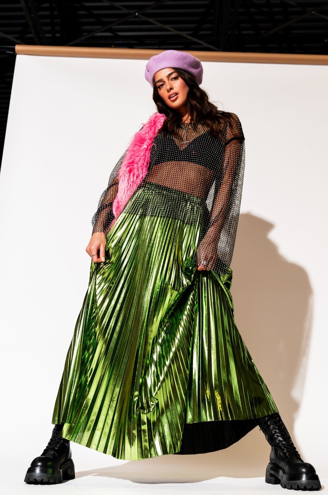 LALA ORIGINAL: Metallic Pleated Midi Skirt in Electric Lime - Dressed in Lala