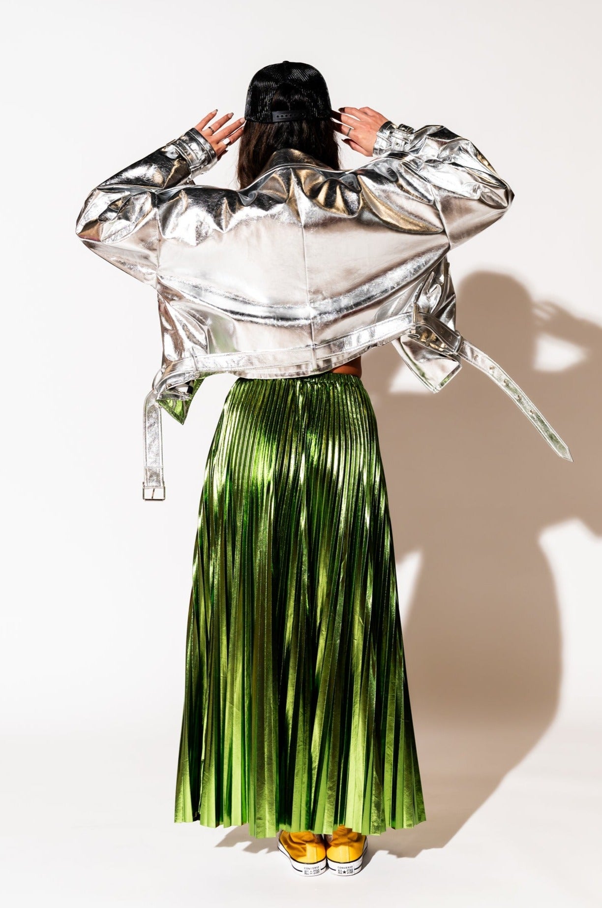 LALA ORIGINAL: Metallic Pleated Midi Skirt in Electric Lime - Dressed in Lala