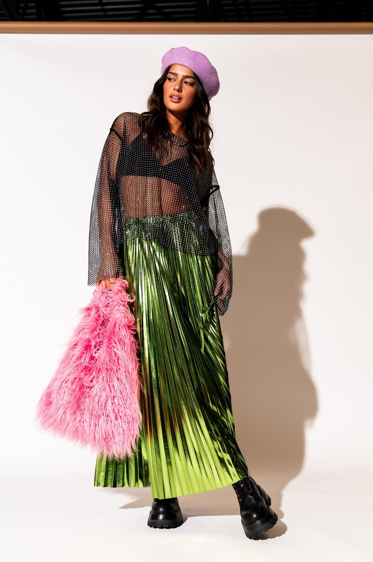 LALA ORIGINAL: Metallic Pleated Midi Skirt in Electric Lime - Dressed in Lala