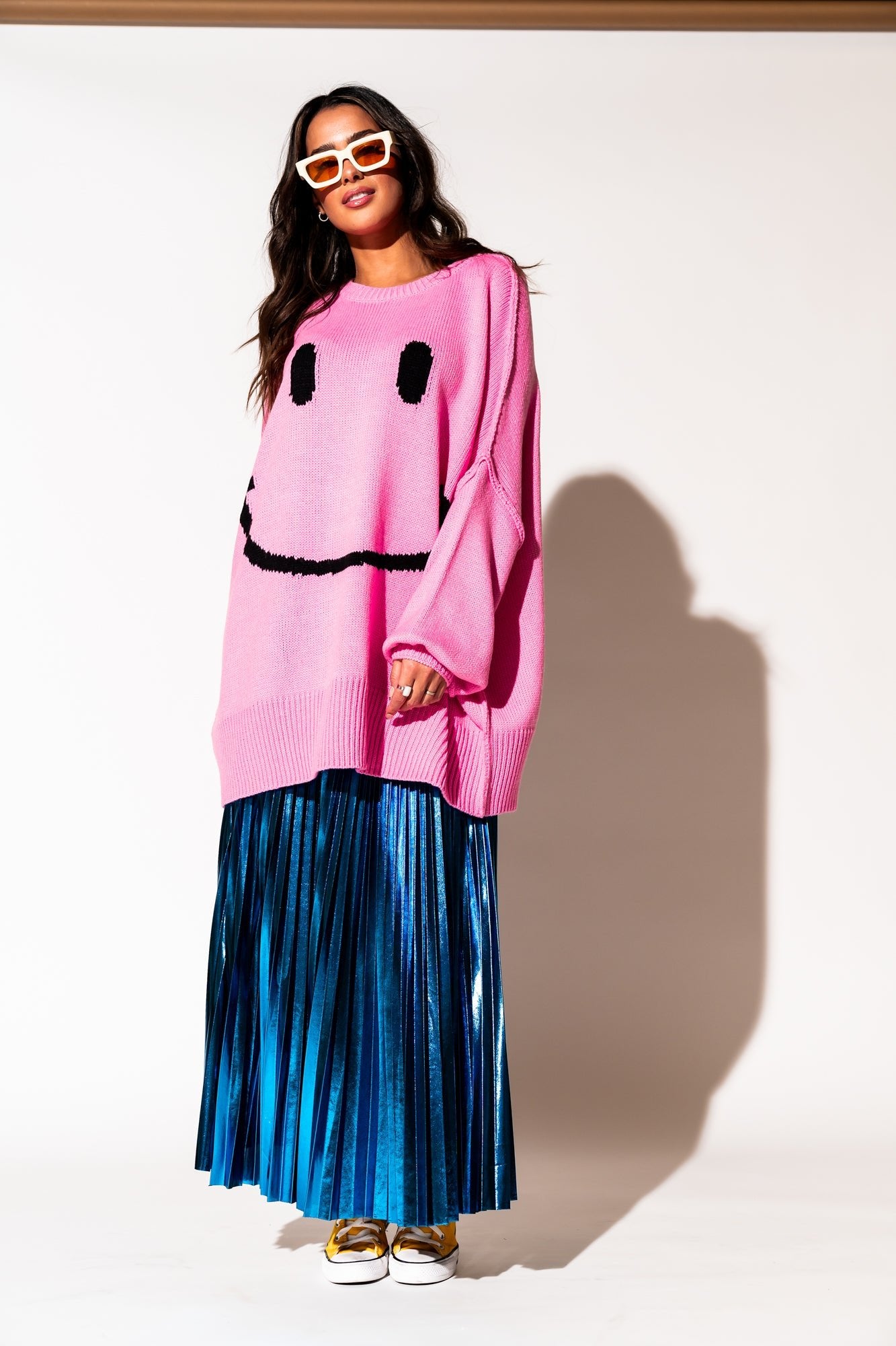 LALA ORIGINAL: Smiley Serotonin Oversized Knit in Bubblegum Pink - Dressed in Lala