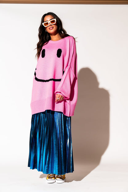 LALA ORIGINAL: Smiley Serotonin Oversized Knit in Bubblegum Pink - Dressed in Lala