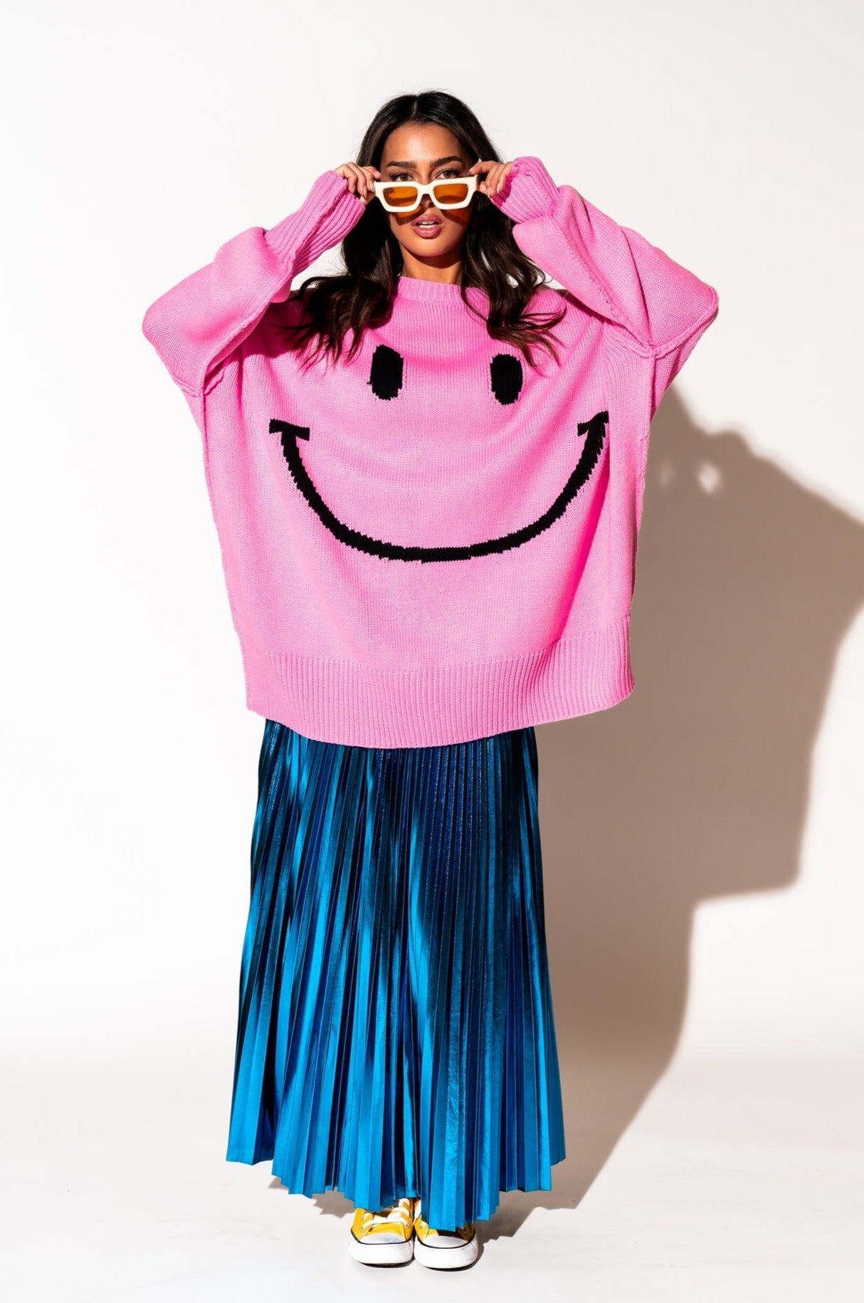 LALA ORIGINAL: Smiley Serotonin Oversized Knit in Bubblegum Pink - Dressed in Lala