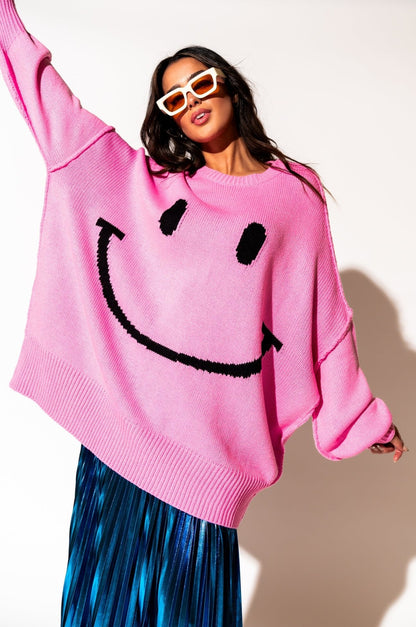 LALA ORIGINAL: Smiley Serotonin Oversized Knit in Bubblegum Pink - Dressed in Lala