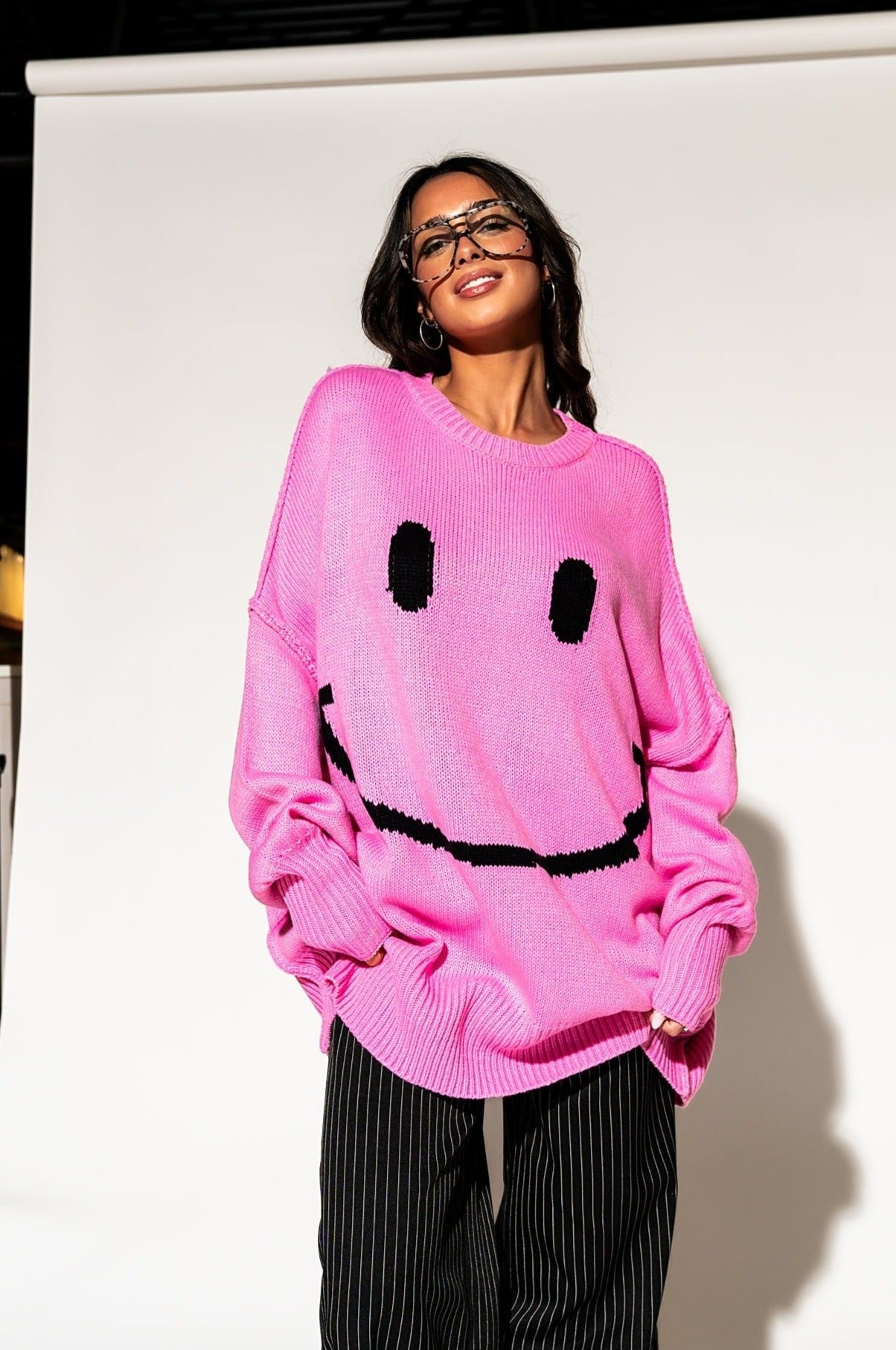 LALA ORIGINAL: Smiley Serotonin Oversized Knit in Bubblegum Pink - Dressed in Lala