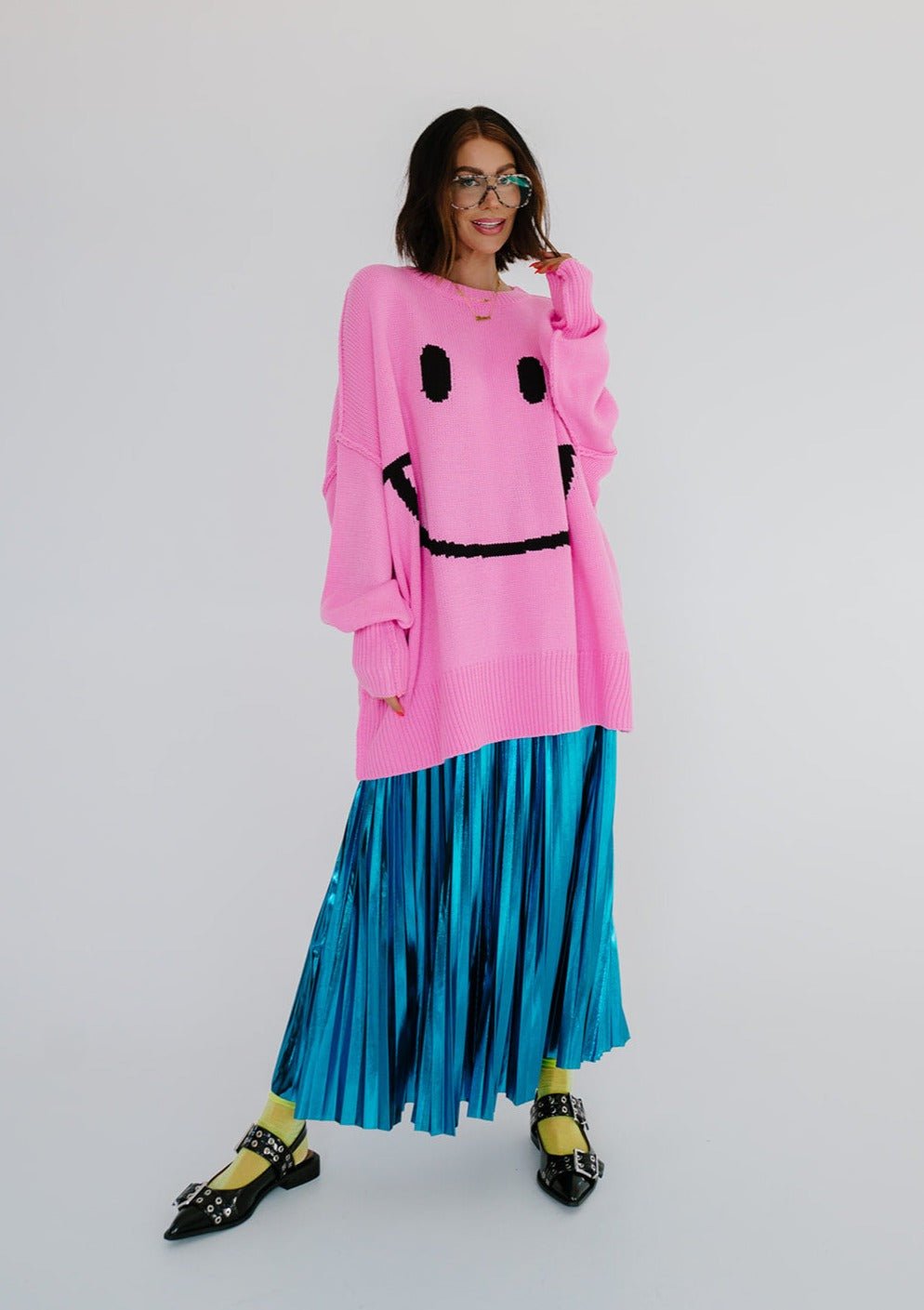 LALA ORIGINAL: Smiley Serotonin Oversized Knit in Bubblegum Pink - Dressed in Lala