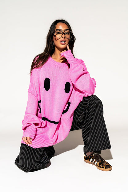LALA ORIGINAL: Smiley Serotonin Oversized Knit in Bubblegum Pink - Dressed in Lala