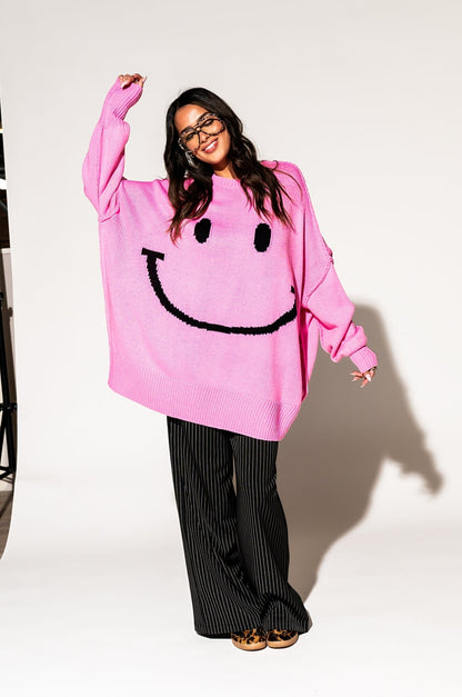 LALA ORIGINAL: Smiley Serotonin Oversized Knit in Bubblegum Pink - Dressed in Lala