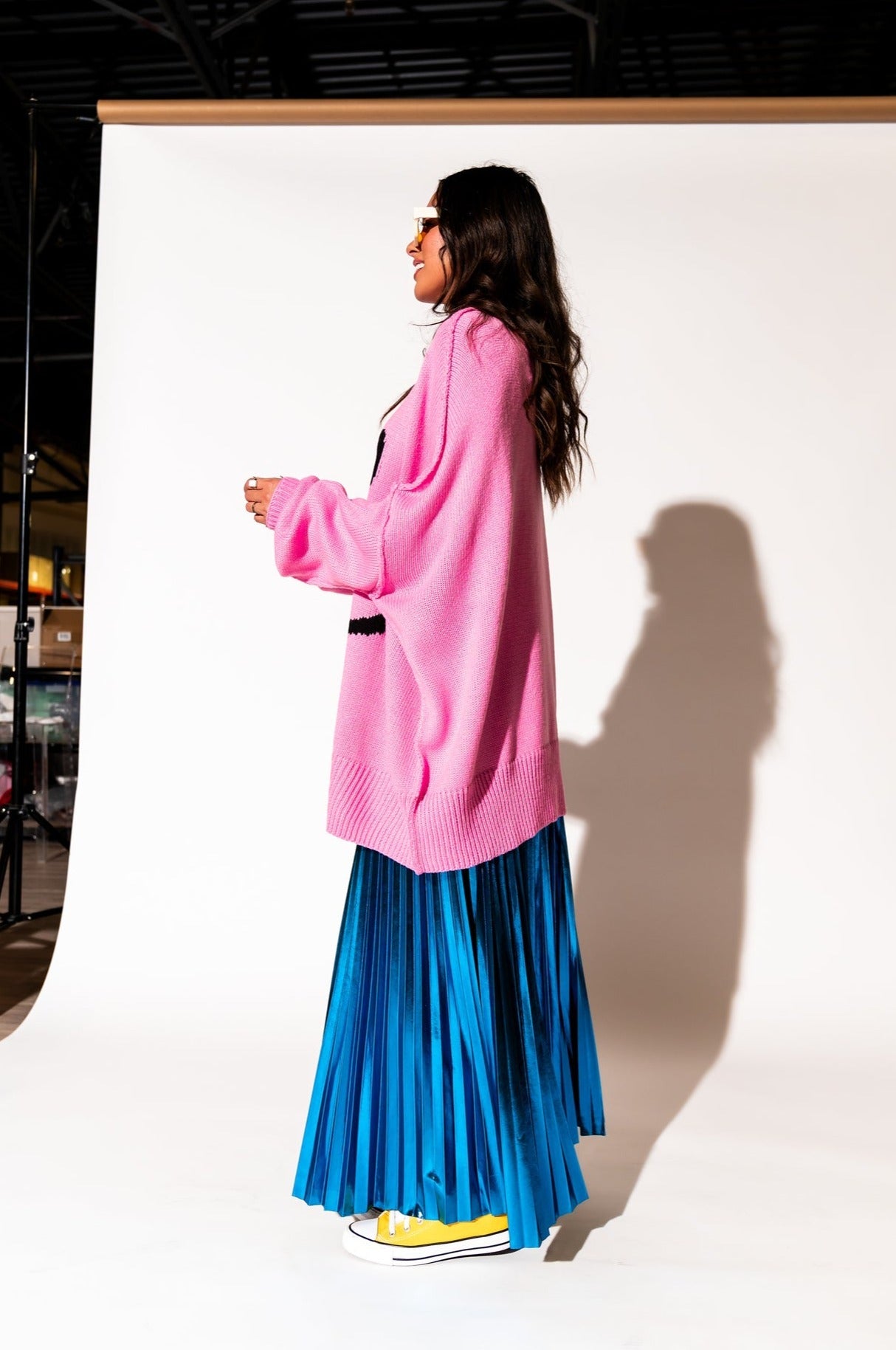 LALA ORIGINAL: Smiley Serotonin Oversized Knit in Bubblegum Pink - Dressed in Lala