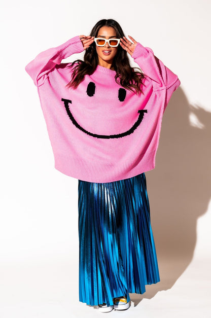 LALA ORIGINAL: Smiley Serotonin Oversized Knit in Bubblegum Pink - Dressed in Lala