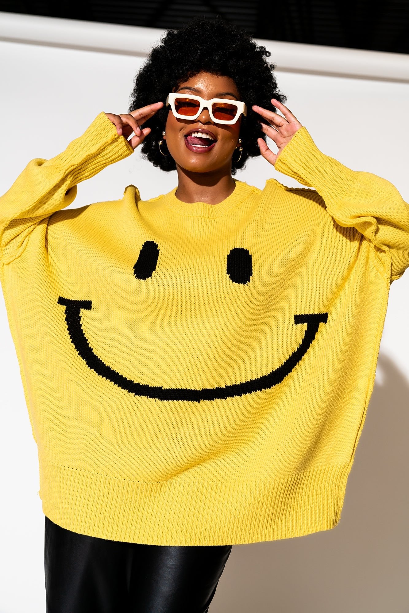 LALA ORIGINAL: Smiley Serotonin Oversized Knit in Sunshine Yellow - Dressed in Lala