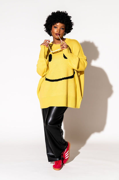 LALA ORIGINAL: Smiley Serotonin Oversized Knit in Sunshine Yellow - Dressed in Lala