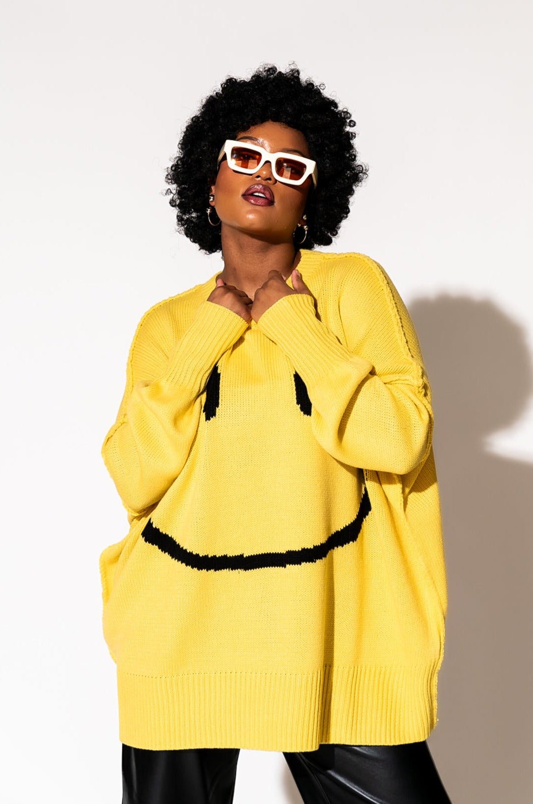 LALA ORIGINAL: Smiley Serotonin Oversized Knit in Sunshine Yellow - Dressed in Lala