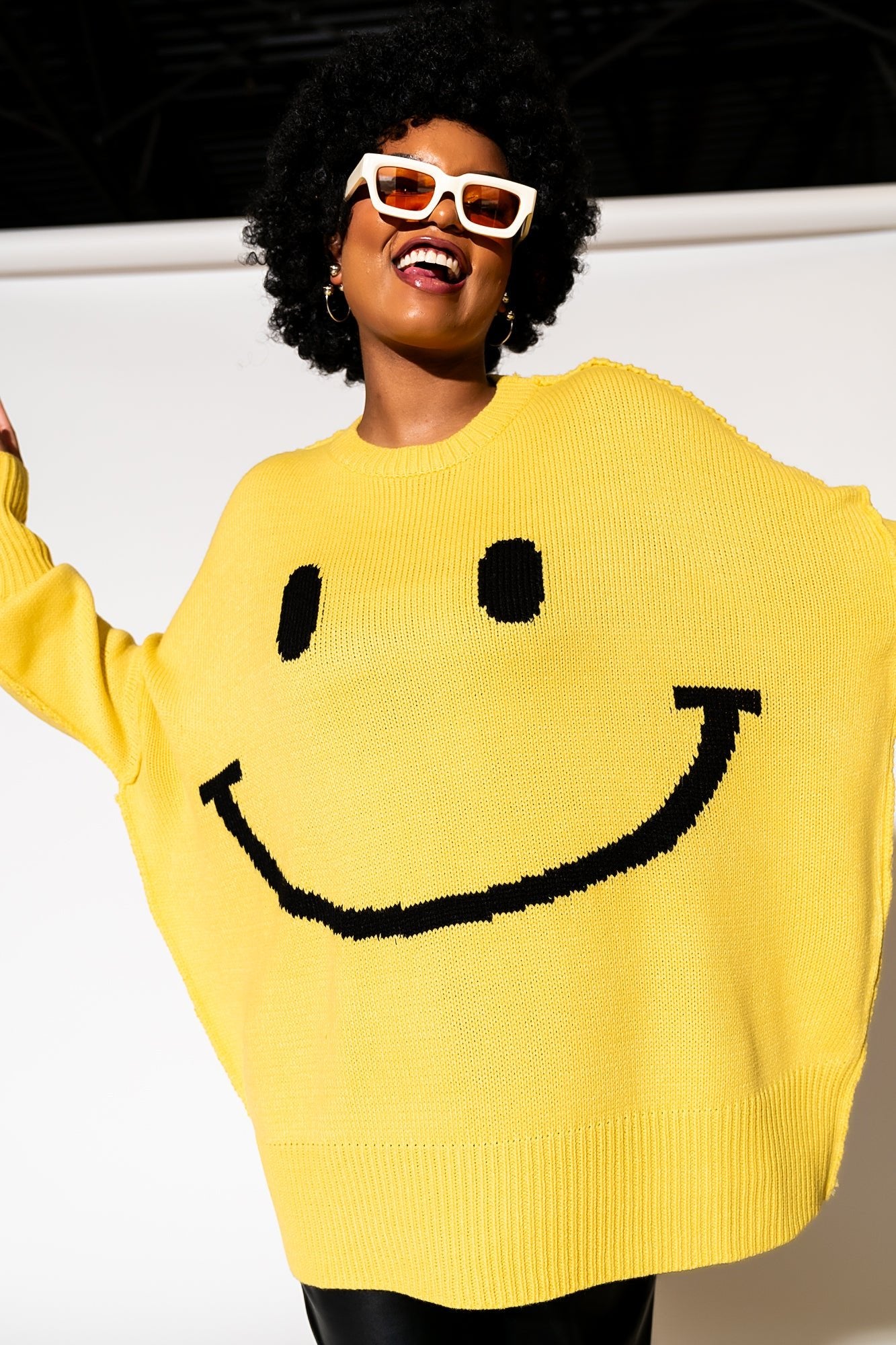 LALA ORIGINAL: Smiley Serotonin Oversized Knit in Sunshine Yellow - Dressed in Lala