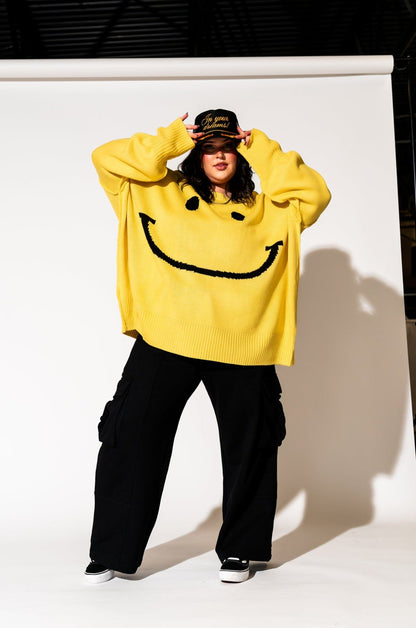 LALA ORIGINAL: Smiley Serotonin Oversized Knit in Sunshine Yellow - Dressed in Lala