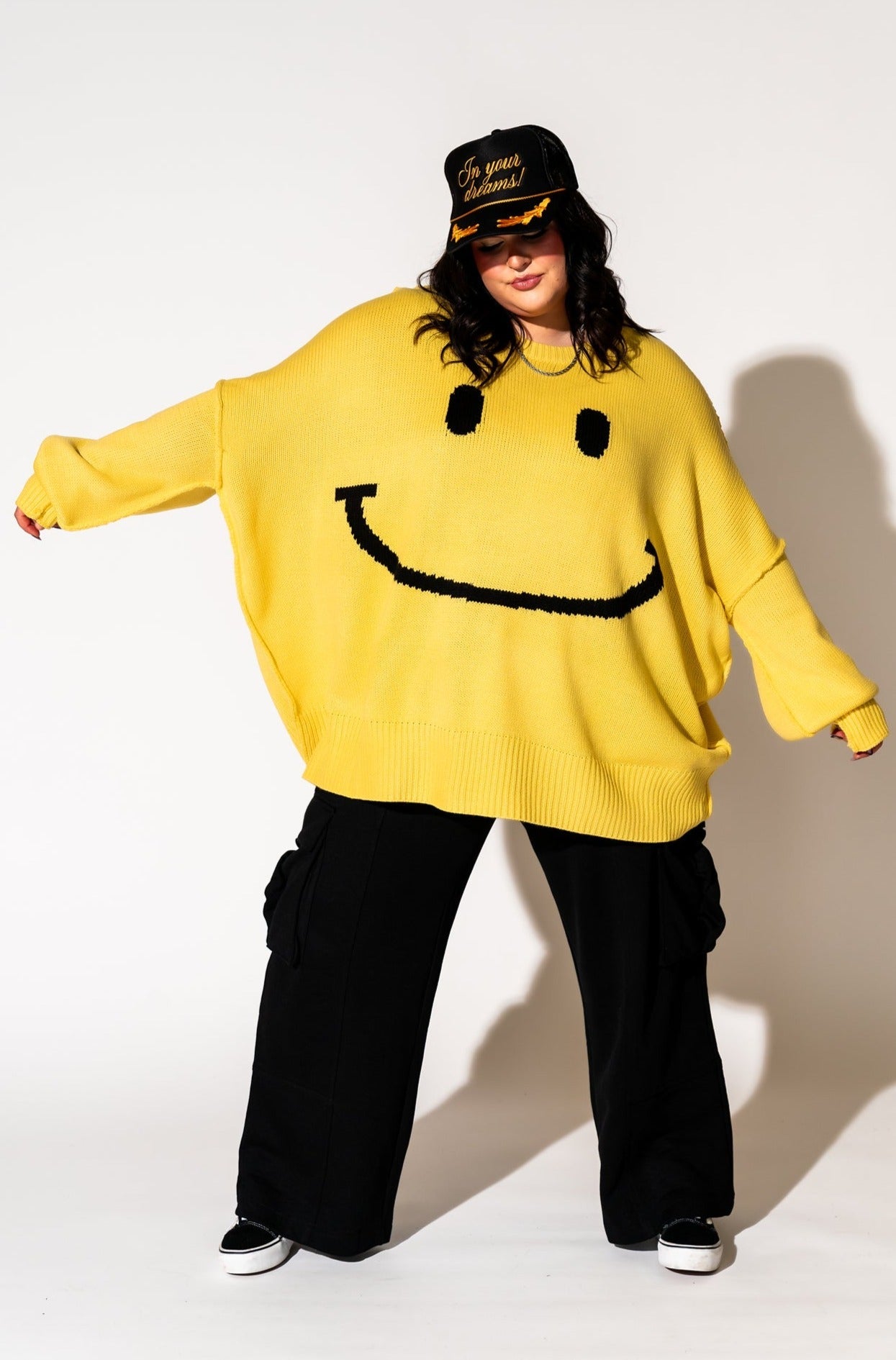 LALA ORIGINAL: Smiley Serotonin Oversized Knit in Sunshine Yellow - Dressed in Lala