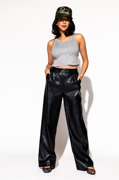 LALA ORIGINAL: Told My Mom About You Buttery Soft Vegan Leather Trousers in Black - Dressed in Lala