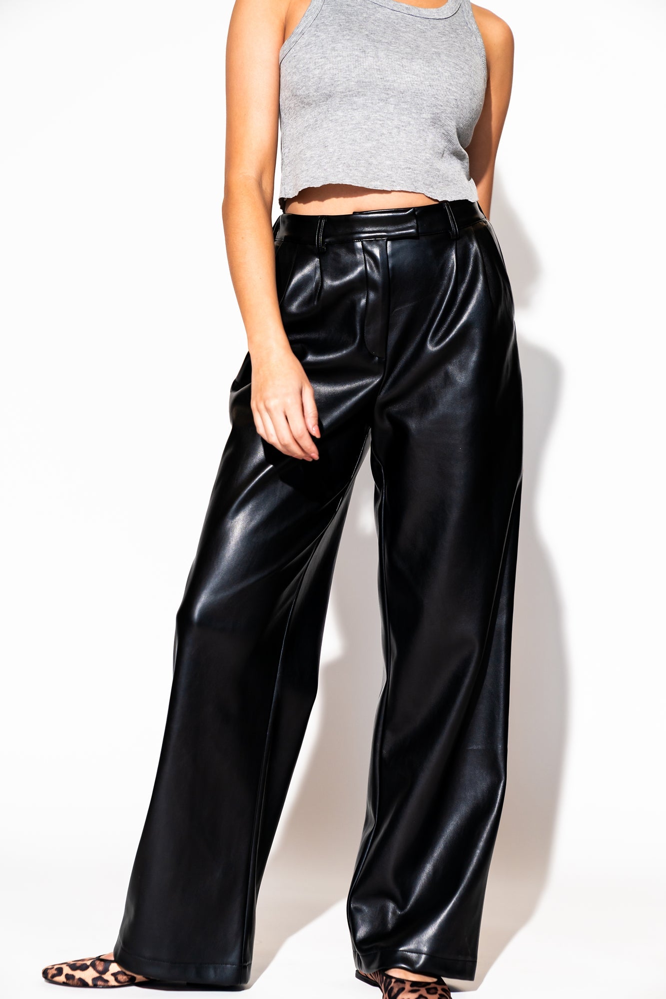 LALA ORIGINAL: Told My Mom About You Buttery Soft Vegan Leather Trousers in Black - Dressed in Lala