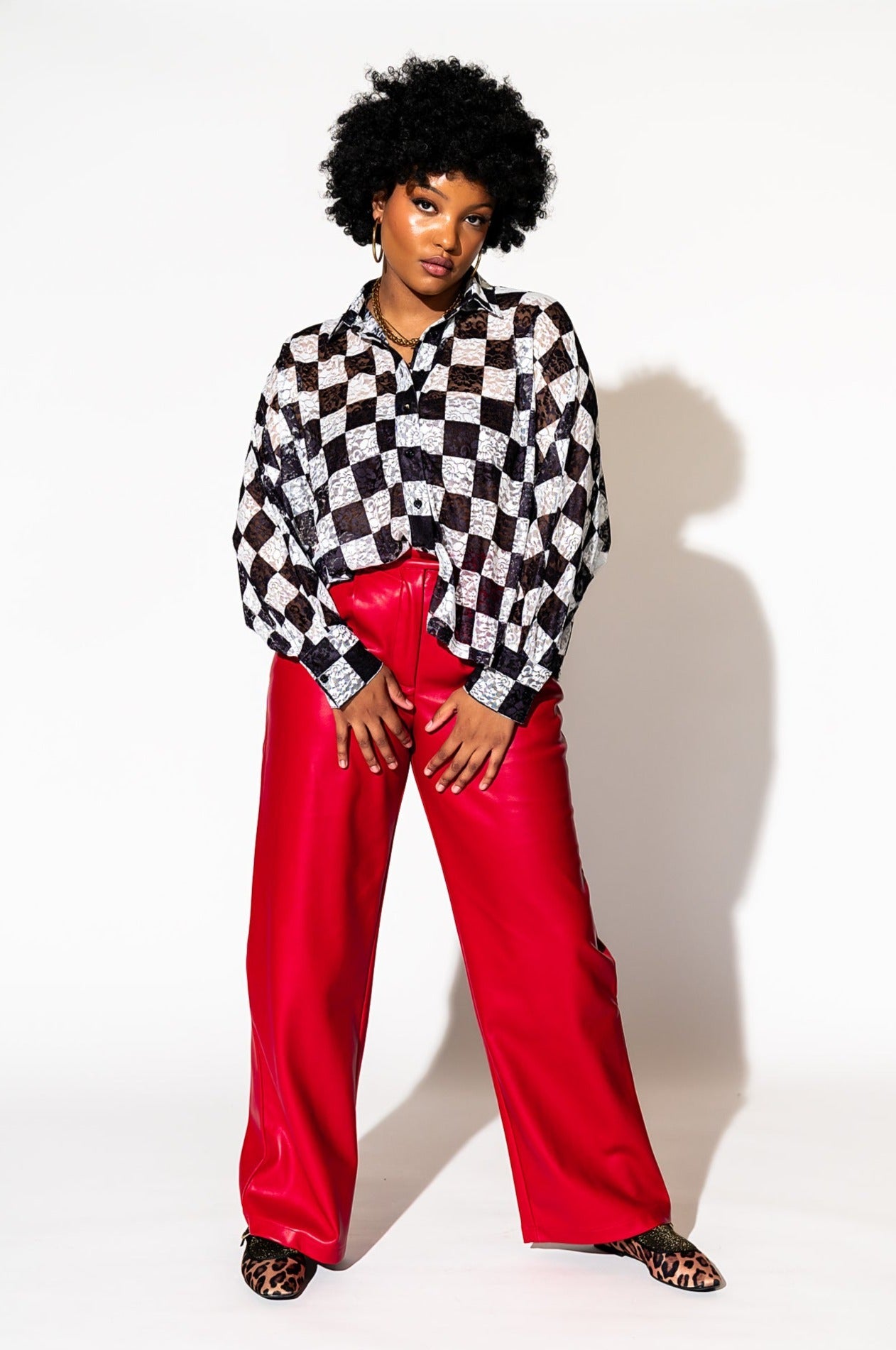 LALA ORIGINAL: Told My Mom About You Buttery Soft Vegan Leather Trousers in Cherry Red - Dressed in Lala