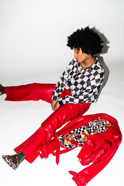 LALA ORIGINAL: Told My Mom About You Buttery Soft Vegan Leather Trousers in Cherry Red - Dressed in Lala